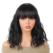 14 Inch Bob Curly Wig Short Black Wig With Bangs Natural Looking Synthetic Wig Wig For Women Suitable For Daily Wear Wigs