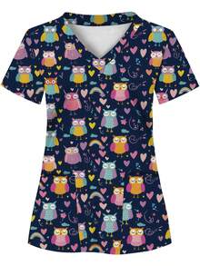 All-Over Print, Two Pockets, Nurse Uniform, Women's Clothing Professional Wear, Nursing, Dental, Beauty Salon, Healthcare Uniform, Women's Doctor Scrub Top, Short Sleeve Knit Fabric All Seasons - Multicolor - View 8