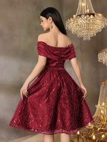 Alisa&Leo Shiny Off-Shoulder Mid-Length Party Dress - Suitable For Summer Galas, Graduation Balls And School Formal Events - Burgundy - View 2