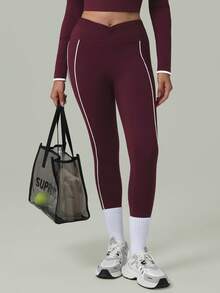 Women'S Contrast Piping Front Twisted Design High-Waist Squat-Proof Running Yoga Sports Leggings Tights - Red Violet - View 6