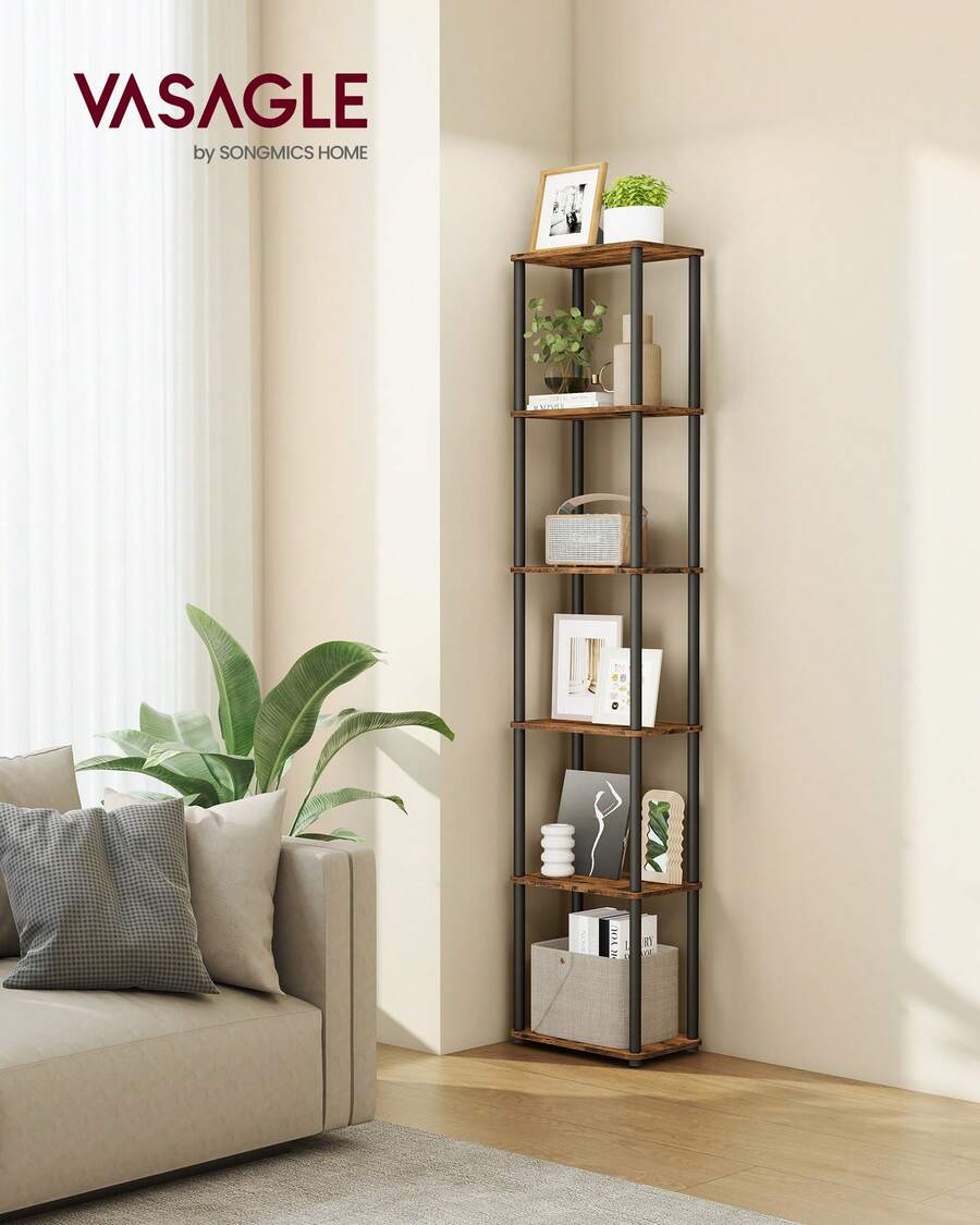 VASAGLE Montaggio Super Veloce Senza Attrezzi, Scaffale Portaoggetti a 6 Ripiani, Autoportante, 23,8 x 38 x 173,4 cm, Soggiorno, Camera da Letto, Cucina, Marrone Vintage e Nero Inchiostro - colore granata - Visualizzare 1