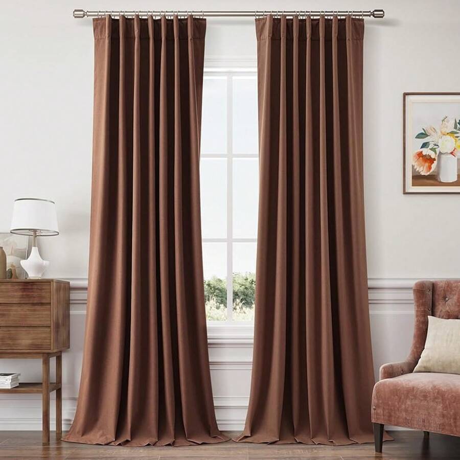 Beige Linen% Blackout Curtains 84 Inch Long, Rod Pocket/Back Tab/Hook Belt/Clip Rings, Thermal Insulated Drapes Bedroom Living Room With Hooks (1 Panel, 60 X 84), Stylish Window Treatments - 質樸的棕色 - 查看 1