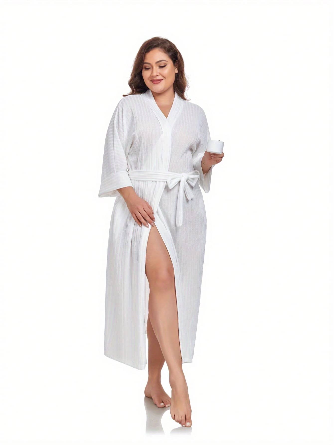 Women's Long Knit Robe Plus Size Soft Bathrobe Lightweight Kimono Robes Loungewear With Pockets - White - View 1