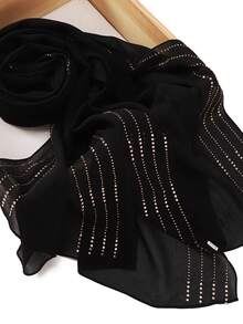 1 pièce Foulard musulman en mousseline de soie noire unie très orné de rayures et de strass, cadeau pour les fêtes - Multicolore - Voir 2