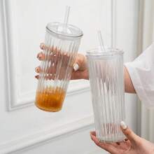 2pcs 4pcs 24oz Reusable Water Tumbler Glass Drinking Juice Coffee Tea Cup Set With Plastic Lids And Glass Straw, 700ml Glass Iced Coffee Cup With Lids And Straws For Smoothie Juice Drinks, Elegant Simple Restaurant Hotel Service Glass Drinkware Set - 2pcs tumbler with plastic lid - 查看 1