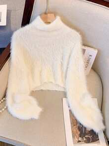 Women's Autumn And Winter New Fashion Short White Turtleneck Bottoming Shirt Simple Versatile Furry Woolen Knitted Pullover Tops - White - View 4