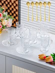 Set da 6 pezzi, Set di tazze da tè turche, Set di tazze da tè marocchine dorate eleganti in stile arabo, include 6 tazze, 6 piattini con cucchiaini da caffè dorati, adatto per feste e tè pomeridiano - trasparente - Visualizzare 13