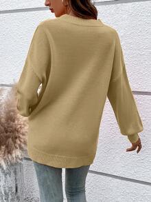 Women's Casual Crew Neck Pullover Solid Color Drop Shoulder Patch Pocket Sweater - Khaki - View 7
