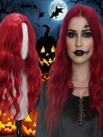 红色 13x4 波浪蕾丝前发假发 透明蕾丝前发假发 人发预拔 150 密度红色假发 酒红色蕾丝前发假发 女士万圣节服装人发假发