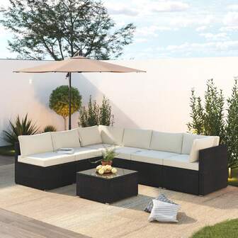 110" 7-Piece Outdoor Patio Furniture Set, L-Shaped Sectional Sofa With Glass Table Corner Design, Durable PE Rattan & Galvanized Steel Frame, 4" Thick Beige Waterproof Cushions, Perfect For Garden, Patio, Outdoor Dining Balcony, All-Weather Rattan Outdoor Decor Lounges Furniture, Patio Seating Set, Conversation Sofa Set For Outside Use, Easy Assembly Comfortable Seating