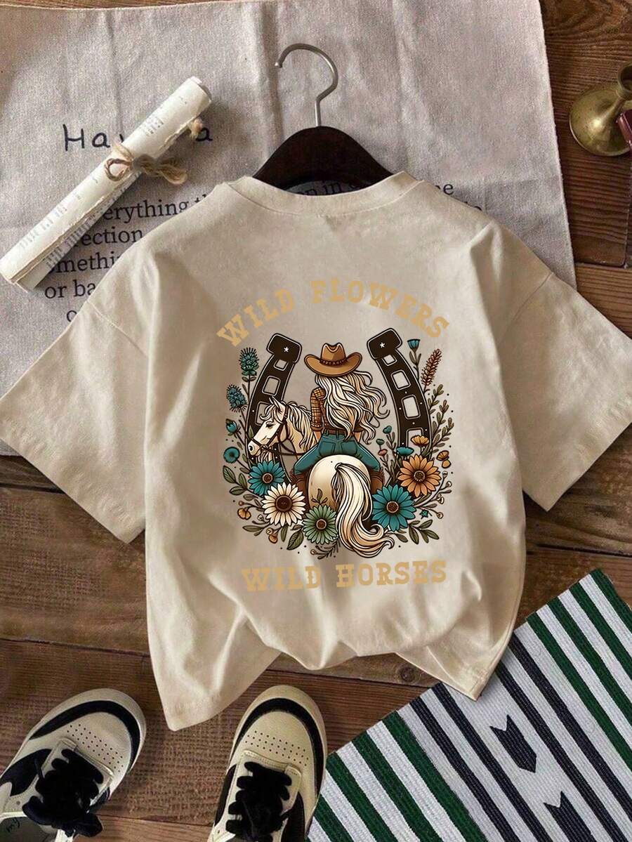Camiseta de manga corta con cuello redondo y estampado de niña y caballo, ropa casual para niños en primavera/verano - Albaricoque - Ver 1