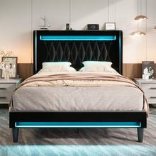 Allewie Upholstered Full/Queen/King Platform Bed Frame With LED Light And Charging Station, Button Tufted High Headboard, Wingback Design, Noise Free, Easy Assembly, No Box Spring Needed, Black - View 3