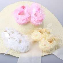 Newborn Baby Lace Princess Shoes Flower Pure Color Non-Slip Frilly Soft Elegant Sneaker - White - View 6
