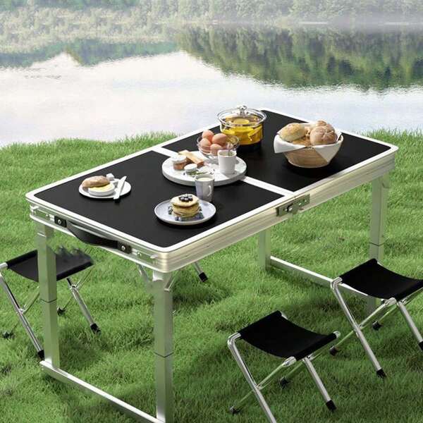 Mesa de jantar/banquinho dobrável portátil para áreas externas, mesa de acampamento retangular de metal leve, fácil de dobrar e transportar