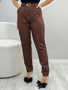 Tailored Trousers With Simple Lined Belt - Coffee Brown - View 2