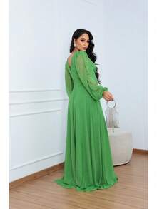 Vestido Feminino Longo Tule Aurora com Brilho Manga Longa - Verde Lima - Visão 5