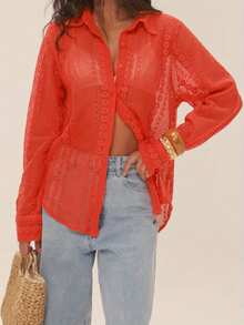 Women Sheer Lace Blouse Loose Casual Long Sleeve Button-Up Collared Shirts For Spring Fall - Orange-red - View 6