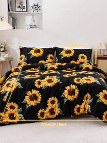 3pcs/Set Sunflower Bedding Set, Full Size, Solid Color Background With Sunflower Pattern, Comfortable Sunflower Duvet Cover Set Bedroom Decor 3pcs (1 Duvet Cover + 2 Pillowcases, No Insert) / Travel / Dorm (For Boys & Girls) - Black - View 12