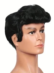 1pc Men's Fashionable Black Wavy Disco Wig, Synthetic Hair For 50s Rock Star Costume Role Play