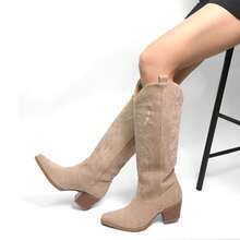 Cowboy Boots For Women Knee High Boots Pointy Toe Suede Boots With Embroidered Chunky Heel Western Boots - Màu Khaki - Xem 4