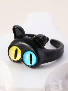 خاتم قطة سوداء ذات عينين مختلفة اللون كرتونية فريدة ومضحكة، مناسب للنساء، هدية وارتداء يومي