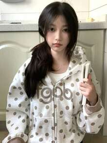 复古美式波尔卡圆点字母印花连帽卫衣，宽松休闲卫衣外套，秋冬