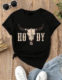 Mujer camiseta casual estampado de HODY, Toro diseño moderno, tejido suave holgada cuello redondo manga corta primavera verano uso diario - Negro - Ver 1