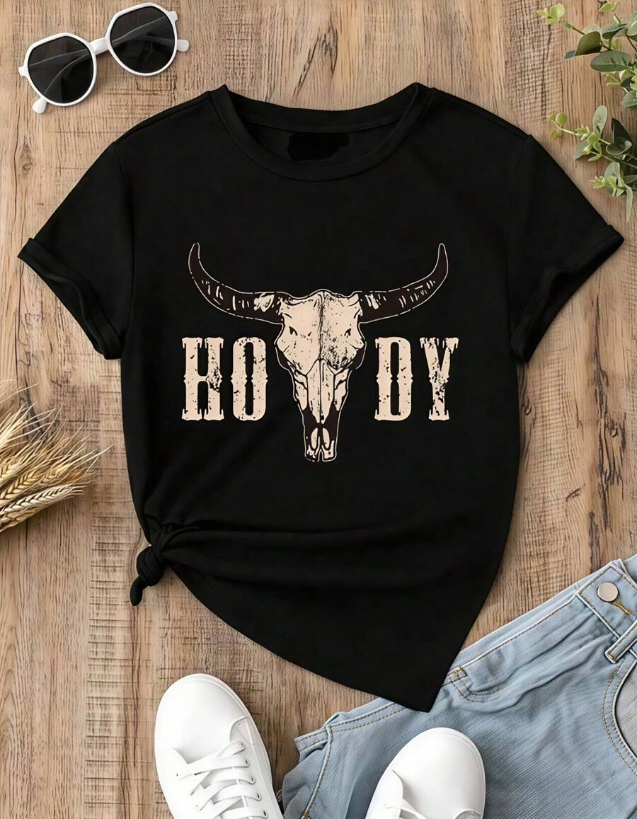 Mujer camiseta casual estampado de HODY, Toro diseño moderno, tejido suave holgada cuello redondo manga corta primavera verano uso diario - Negro - Ver 1