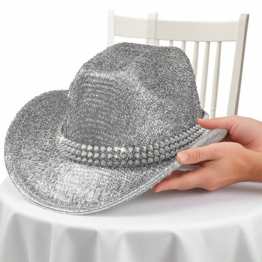 Glitter Western Cowgirl Hats With Rivet Fashionable Wide Brim Fedora Caps For Women And Men - Bạc - Xem 1