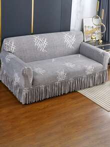 1pc Printed Ruffled Elastic Sofa Cover, Dust-Proof And Dirt-Resistant, Stretch-To-Fit Full Coverage Sofa Protector, Home Decor, Machine Washable - Grey - View 2