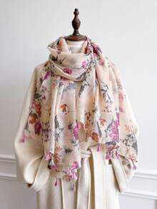 1pc Women's Retro Printed Scarf Shawl - Made Of Polyester, Non-Stretch, Lightweight & Breathable, Windproof & Sun-Proof, Casual Weekend Accessory, Hand Washable, Feather-Free, Suitable For Outdoor & Beach Wear. - Retro White and Pink - View 3