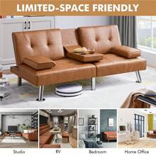 Butterslay 1PC 3-In-1 Faux Leather Convertible Sofa Bed Futon Ergonomic Adjustable Cup Holders Drop-Down Table Throw Pillows Space-Saving 772lb Capacity For Living Room Bedroom Guest Room, White/Gray/Espresso/Brown/Black - 棕色 - 查看 3