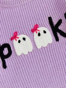 Toddler Baby Girls Halloween Knit Sweater Long Sleeve Letter Ghost Embroidery Crewneck Pullover Sweater Tops Infant Halloween Clothes - Màu tím - Xem 10
