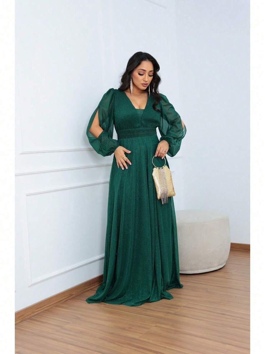 Women's Long Aurora Tulle Dress With Shiny Long Sleeves - 深奧莉薇綠 - 查看 1