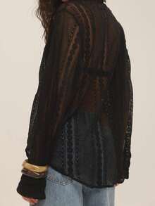 Women Sheer Lace Blouse Loose Casual Long Sleeve Button-Up Collared Shirts For Spring Fall - Black - View 7