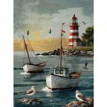5D DIY Diamond Painting Kit - Coastal Lighthouse And Fishing Boat, Round Acrylic Artificial Diamond Frameless Cross Stitch Mosaic Craft, Home Decor Art For Adults, Suitable Gift For Beginners