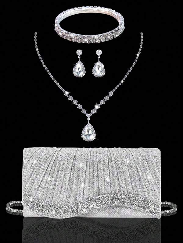 Sparkling And Elegant Women's Rhinestone Evening Bag Clutch, Exquisite Pleated Party Bag Shoulder Bag Wallet, With Glitter Rhinestone Three-Piece Set, High-End Rhinestone Pendant Necklace, Earrings, Bracelet, With Shiny Sequins Evening Dress, Suitable For Attending Parties, Dances, Gatherings, Dinners