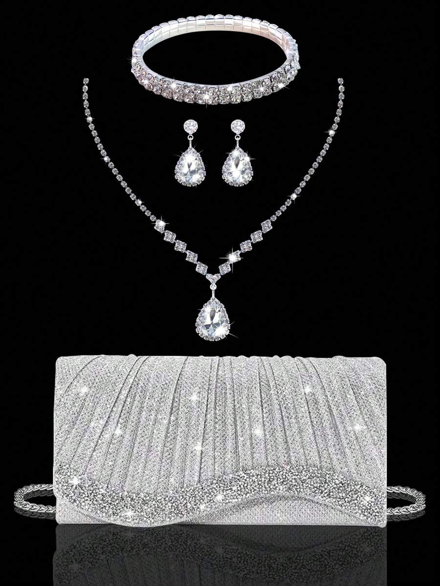 Sparkling And Elegant Women's Rhinestone Evening Bag Clutch, Exquisite Pleated Party Bag Shoulder Bag Wallet, With Glitter Rhinestone Three-Piece Set, High-End Rhinestone Pendant Necklace, Earrings, Bracelet, With Shiny Sequins Evening Dress, Suitable For Attending Parties, Dances, Gatherings, Dinners - Silver - View 1