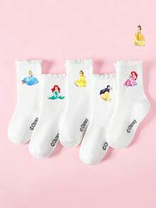 Disney 5双装儿童白色蕾丝短袜，公主图案，可爱甜美风格，透气休闲学生袜，适合日常穿着，返校季礼物，迪士尼袜子 - 白色 - 查看 11