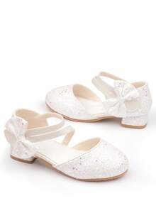 Girls' Princess Crystal High Heel Shoes With Bow, White, Spring/Autumn