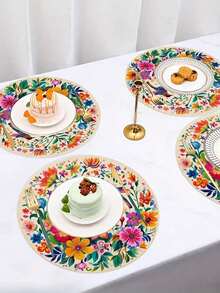 6pcs/Set Vibrant Mexican Style Floral & Hummingbird Round Placemats, 14.5 Inch Linen Material, Colorful Flower & Hummingbird Pattern - Perfect For Parties, Kitchen And Dining Room Decor, Adding Bright Colors To Your Party Table - Multicolor - View 2