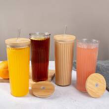 2pcs 4pcs 24oz Cute Iced Coffee Glass Cup Set With Plastic Lid And Glass Straw, Large Simple Stripe Clear Water Glass Tumbler With Bamboo Lid And Straw, Suitable For Juice Ice Cream Milk Tea, Perfect Gift - 2pcs tumbler with bamboo lid - 查看 2