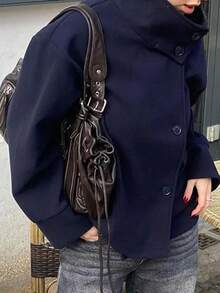 女式单排扣长袖保暖时尚大衣，纯色针织面料纽扣 - 藏蓝色 - 查看 4