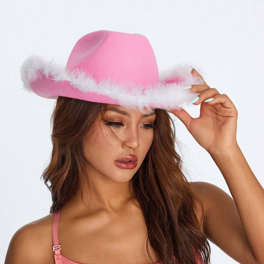 Womens Cowboy Hat, Adult Solid Color Furry Trim Wide Brim Hat Female Cap For Dating Party