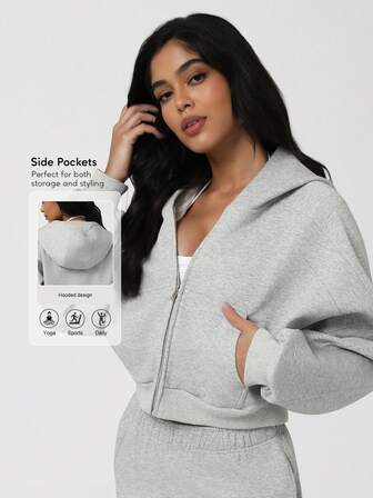 Sodalemon Chaqueta con capucha para entrenamiento y fitness de mujer con bolsillos laterales, manga larga, cremallera, casual, para correr, calle, suelta, para actividades al aire libre, fitness, gimnasio, sudadera