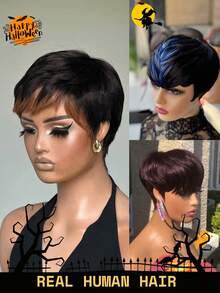 Peruka Pixie Cut do włosów ludzkich 1B/30 Krótkie peruki z grzywką, czarne z brązowymi włosami, peruka Pixie Cut dla kobiet, peruka do wymiany włosów, brak koronki z przodu, peruka warstwowa, kolorowa, pełna peruka wykonana maszynowo, peruki krótkie bez kleju dla kobiet, kostiumy na Halloween, do codziennego użytku