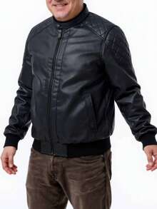 Plus Size Men's PU Jacket, Fashion Motorcycle Jacket, Versatile Classic Style, Suitable For Daily Wear And Dates, Autumn/Winter New Arrival - Black - View 3