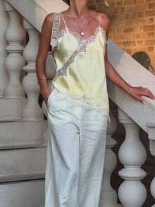 Women Y2k Lace Pachwork Satin Silk Camisole Tops Elegant Asymmetrical Top Spaghetti Strap Cami Tops Sleeveless V Neck Open Back Crop Tops Backless Slim Fit Shirt Going Out Tops Casual Club Streetwear Aesthetic Clothes - 黃色 - 查看 6