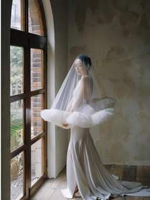1pc Romantic Elegant Tulle Lace Bridal Veil / Handmade Layered Tulle Wedding Veil In Various Lengths / Without Hair Comb / Suitable For Proposal, Engagement, Wedding Ceremony, Photography / Extremely Gorgeous And Voluminous / Solid Color Tulle - Multicolor - View 5