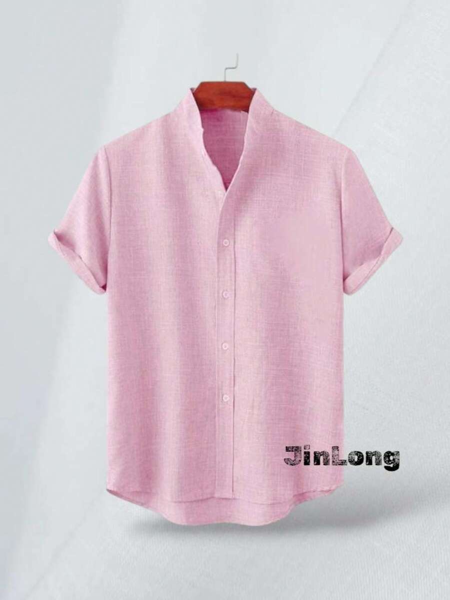 Men's Shirt, Pastor Collar, Social Casual, Linen Cotton, Short Sleeve, Luxury Fashion - 乾枯玫瑰色 - 查看 1